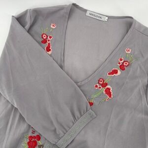 MISSLOOK Embroidered Tunic Top Floral Accents Button Detail Gray Size L